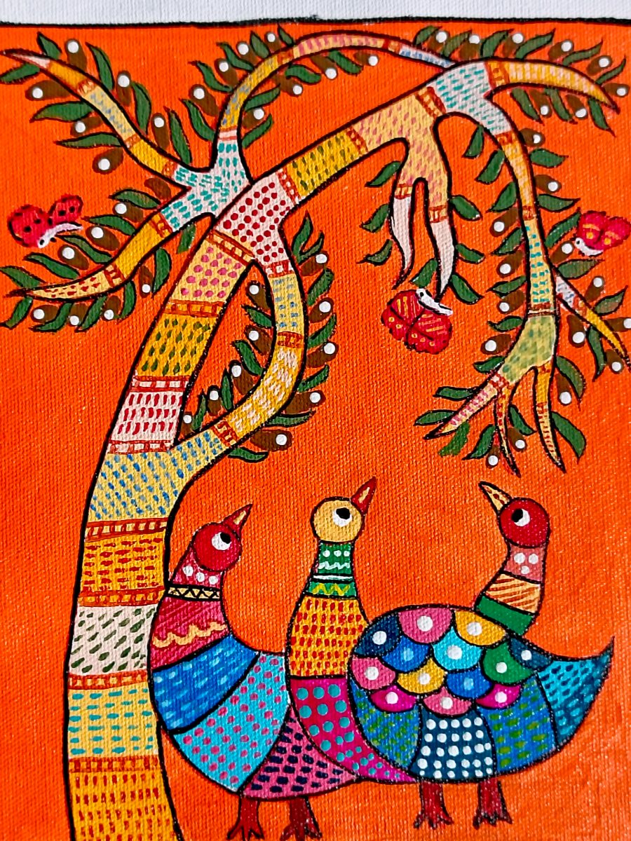 Gond art is a traditional tribal art form from central India, especially associated with the Gond community of Madhya Pradesh. It is inspired by nature, animals, trees, birds, myths, and everyday life. The art is known for fine lines, dots, patterns.