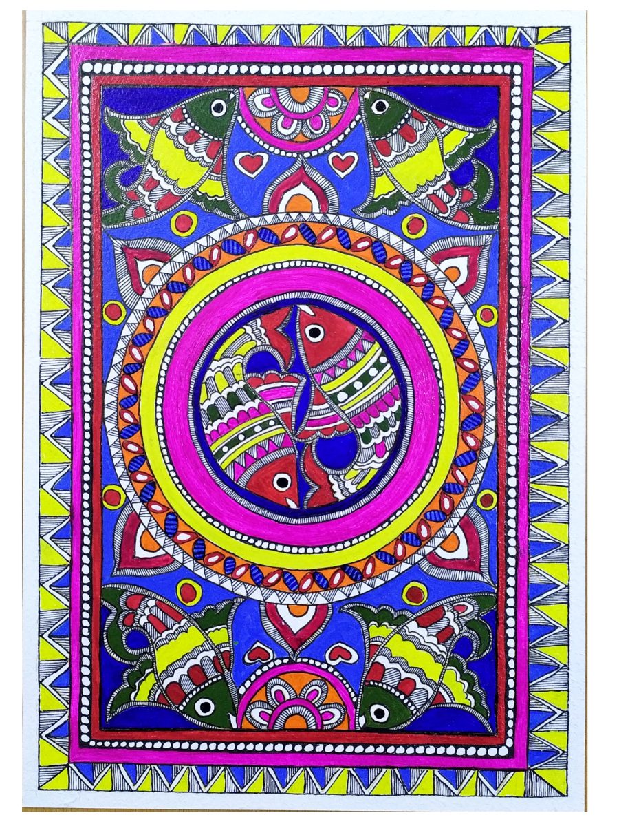 A vibrant expression of Madhubani art, where patterns, symbolic fish, and vivid colors come together to celebrate the beauty of Indian folk tradition..