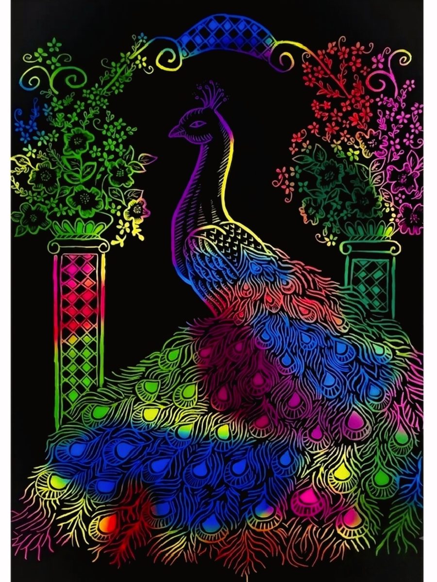 Every line uncovers a beautiful rainbow colors.A majestic peacock revealed stroke by stroke on black scratch paper.  Technique:Rainbow Scratch Art. Material:Premium scratch paper with multicolour base Style: Vibrant Best for: Kids activities,kids b'day