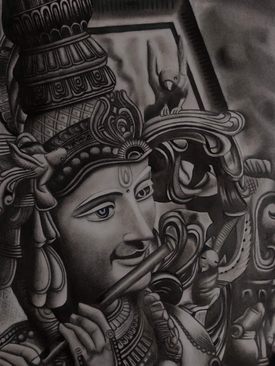 A graphite portrait capturing the calm and divine essence of Lord Krishna